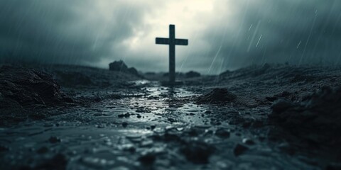 A cross standing tall in the middle of a muddy road. Perfect for illustrating challenges, perseverance, and faith. - obrazy, fototapety, plakaty
