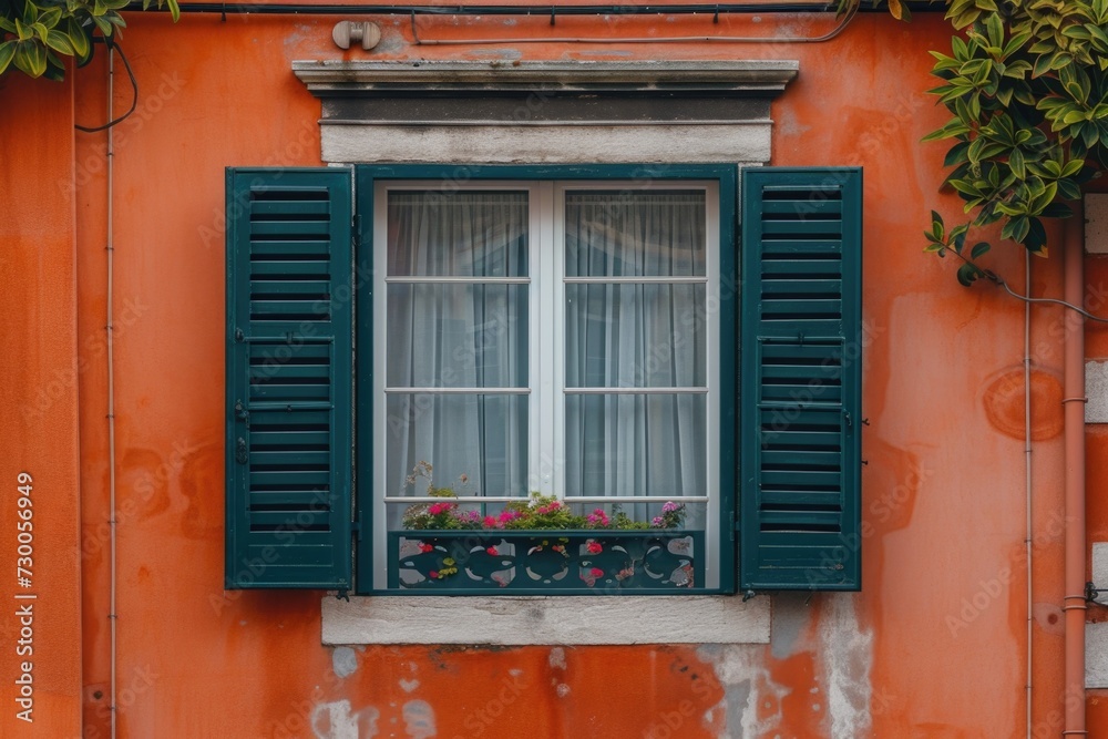 Poster a window with green shutters on an orange building. suitable for architectural or travel-related pro