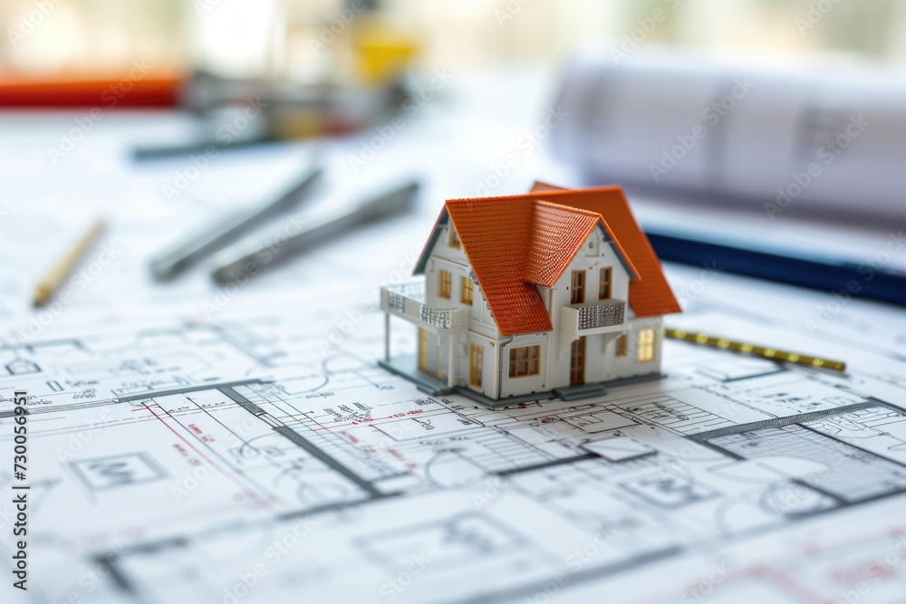 Poster a model of a house sitting on top of a blueprint. perfect for architectural designs and construction