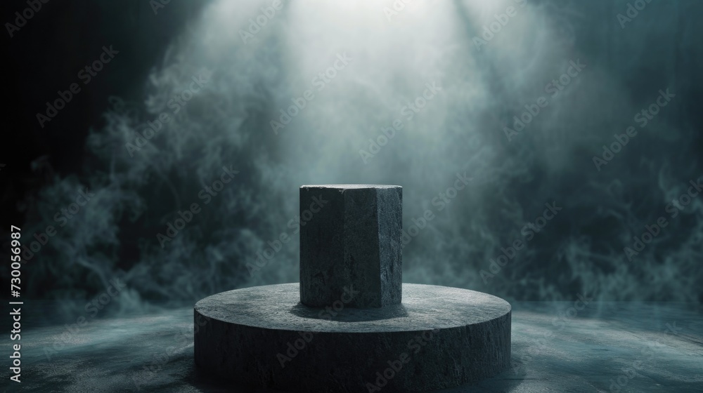 Aufkleber a pedestal stands in the middle of a foggy room. this image can be used to portray mystery or showca
