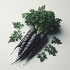 black carrots with green leaves
