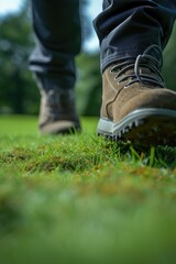 Close-up view of shoes in the grass. Perfect for nature, outdoor activities, and relaxation concepts