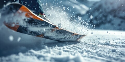 Close up of a snowboarder's feet in the snow. Perfect for winter sports or outdoor adventure concepts