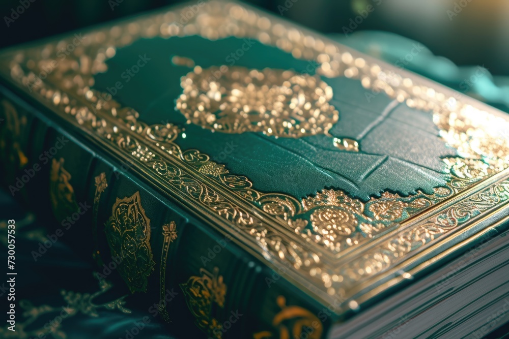 Poster a green book placed on top of a table. suitable for educational and study concepts