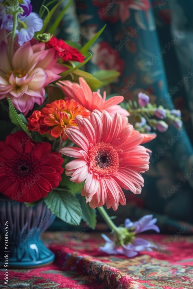 Poster colorful flowers arranged in a blue vase. perfect for adding a pop of color to any space