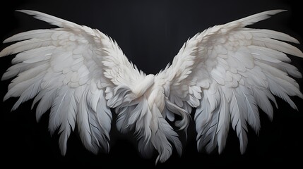 A detailed view of graceful white angel wings, each feather meticulously captured, against a deep black canvas, evoking a sense of celestial beauty and awe