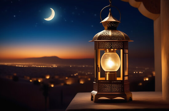 Arabian Lantern or fanus and moon at night. Ramadan Kareem.