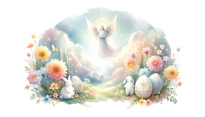 Obraz na płótnie Canvas illustration of Easter scene in Paradise with Virgin Mary, Easter bunny, Easter eggs in soft pastel tones