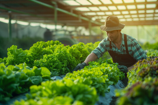 A farmer in a hat hand-picking fresh organic lettuce in a sunlit agricultural field, representing sustainable farming.
