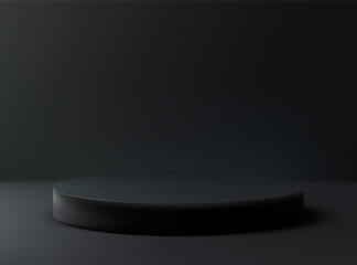 3D realistic vector black round mockup. Black podium, real view with round shadow pedestal on abstract dark background