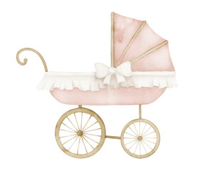 Watercolor Baby Pram in vintage style. Retro kid Stroller in cute pastel pink and beige colors. Carriage for children on isolated background. Hand drawn illustration of perambulator for newborn party. © Alisles