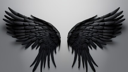 A pair of majestic black angel wings, intricately detailed and perfectly symmetrical, contrasting against a pure white backdrop