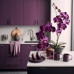 a kitchen with a mysterious and elegant orchid-inspired color palette. Picture cabinets in deep shades of plum and orchid