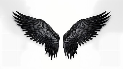 Beautiful angel wings in black, gracefully spread wide against a pristine white background