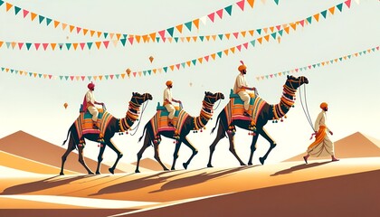 Watercolor illustration of a camel caravan with riders for jaisalmer desert celebration.