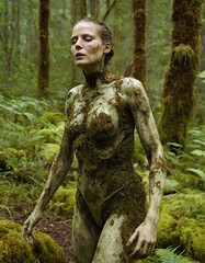 Fototapeta na wymiar girl covered with moss, zombie apocalypse, lost in the forest