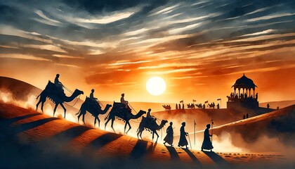 Illustration in watercolor style of a camel caravan with riders in a jaisalmer desert at sunset. - obrazy, fototapety, plakaty