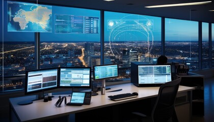 A central command room with large screens displaying real-time patient data and hospital analytics