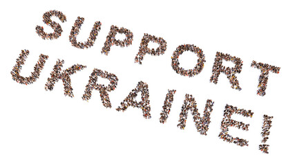 Concept  conceptual community of people forming SUPPORT UKRAINE slogan. 3d illustration metaphor for community, friendship, compassion, kindness and generosity,  volunteering and charity