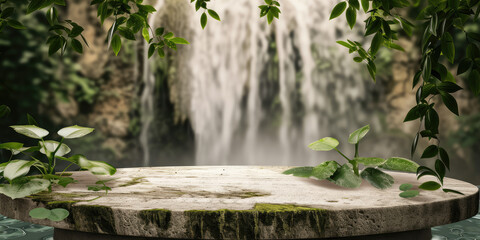 A tranquil scene with a circular stone table surrounded by lush foliage, set against the soft blur of a cascading waterfall in the background, inviting a moment of peaceful reflection.