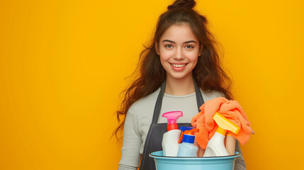 Woman in apron holding bucket with cleaning supplies on pink background. Young housewife holding bucket with cleaning supplies on yellow background, space for text. Portrait of her she brown-hair 