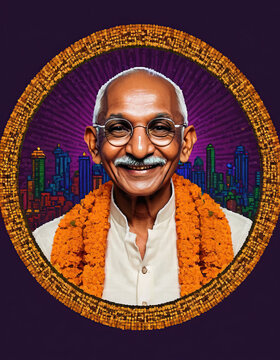 Mahatma Gandhi Pixelart cryptopunk style with round glasses and happy smile india folk style with crypto blockchain background