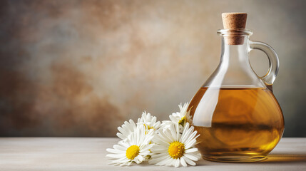 Chamomile oil bottle with chamomile flowers isolated on pastel studio background, free copy space