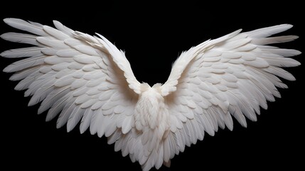 Delicate feathered white angel wings, meticulously arranged and gently extending on a black solid backdrop, symbolizing serenity and celestial grace