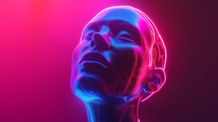 A neon-colored AI female robot in a futuristic scene. 3D-rendered human head on a gradient background. Virtual reality symbol, face identification, cutting-edge technology. Glowing light head model. 