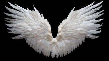 Delicate feathered white angel wings, meticulously arranged and extending against a black solid backdrop, symbolizing celestial purity and grace