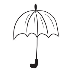 Simple opened straight, poe umbrella drawing in black isolated on white background. Rain protection, concept of contraception, sun burns. Hand drawn vector sketch doodle illustration vintage engraved