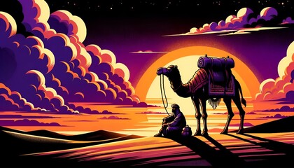 Illustration of a serene desert scene at sunset in cartoon style.