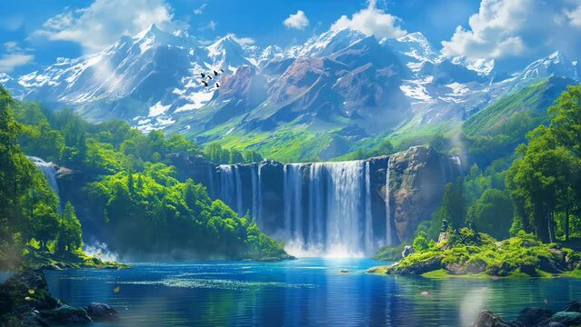 beautiful lake scenery with falling water and stunning mountain. Seamless looping 4k time-lapse virtual video animation background