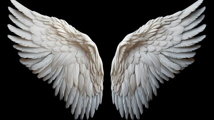 Delicate feathered white angel wings, meticulously arranged and gently extending on a black solid backdrop, symbolizing serenity and celestial grace
