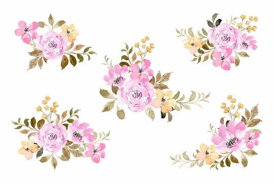Pink Yellow Floral Watercolor Bouquet Collection