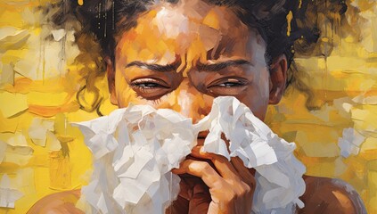 A woman uses a tissue to blow her nose, tending to a common health need.