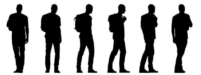 Vector concept conceptual black silhouette of a young man with a backpack from from different perspectives isolated on white background. A metaphor for youth, learning, education an lifestyle