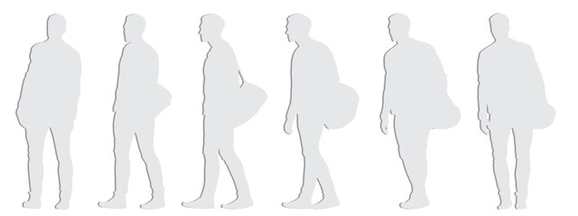 Vector concept conceptual gray paper cut silhouette of a man carrying a duffel bag from different perspectives isolated on white background. A metaphor for sport, fitness, travel and active lifestyle