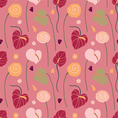 Abstract colorful simple flat floral shapes anthurium, poppy flowers boho shapes. Modern simple abstract background, seamless pattern, wallpaper, fabrics pattern, surface design