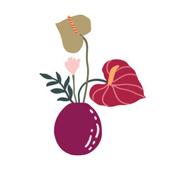 Hand drawn Valentine's Day bouquet. Abstract flat pink simple geometric floral shapes anthurium, poppy flowers in vase boho shapes. Greeting card posters and social media template