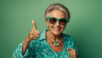 portrait of happy older person doing thumbs-up on a green background