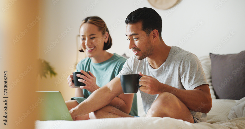 Sticker Relax, laptop and search with couple in bed and coffee streaming with subscription, internet and watching movie. Connection, wake up and marriage with man and woman with social media, news and online