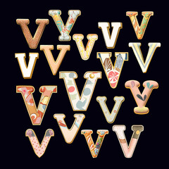 Whimsical collection of a various V letter in a fusion style. - 730063738