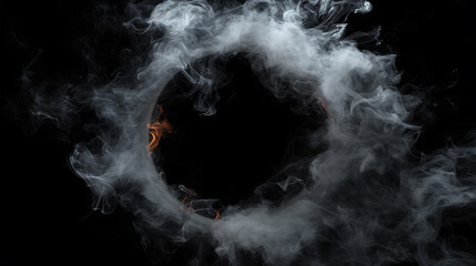 Explosive smoke emanating from an empty circular center, creating a dramatic fog effect against a black background.
