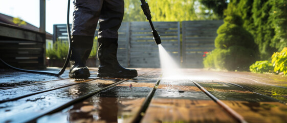 Power washing a wooden deck, the cleansing spray restores order and cleanliness.. - obrazy, fototapety, plakaty