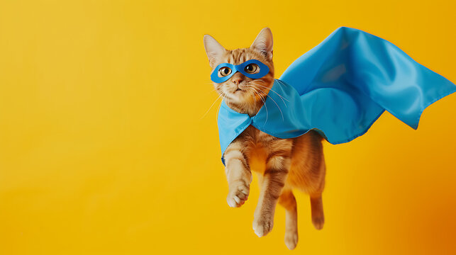 Cute orange tabby cat wearing a blue cloak and mask, jumping and flying against a yellow background with copy space, portraying the concept of a superhero, super cat, leader, in a humorous animal.
