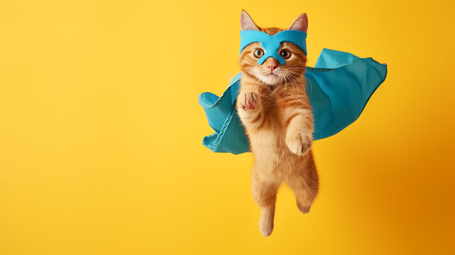 Cute orange tabby cat wearing a blue cloak and mask, jumping and flying against a yellow background with copy space, portraying the concept of a superhero, super cat, leader, in a humorous animal.