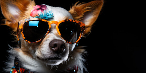 Happy dog in glasses and headphones listens to music on a black background. Nightlife, party. Funny...