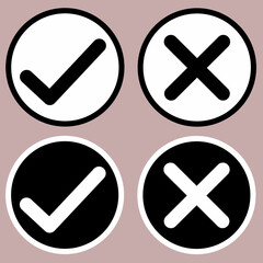 Icons set of black white check mark and cross mark