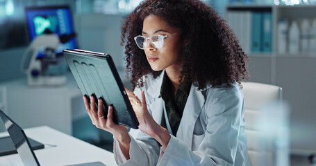 Tablet, reading and woman scientist in laboratory working on medical research, project or...